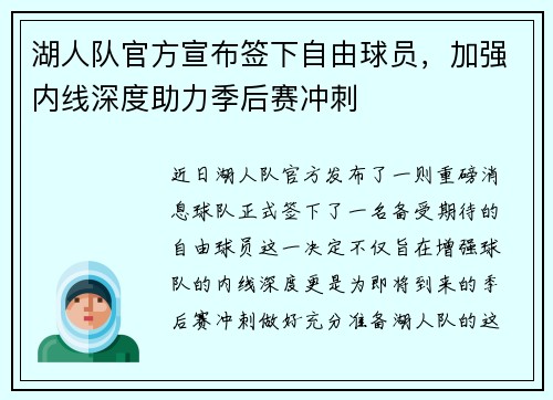 湖人队官方宣布签下自由球员，加强内线深度助力季后赛冲刺